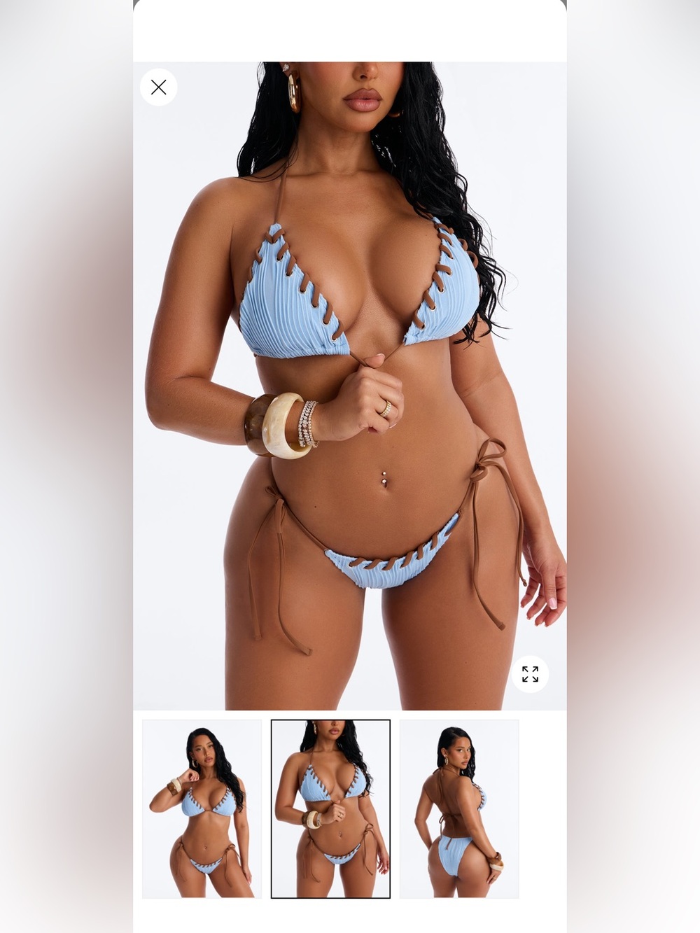 Fashion Nova Blue Ribbed Triangle Bikini Set with Brown Trim